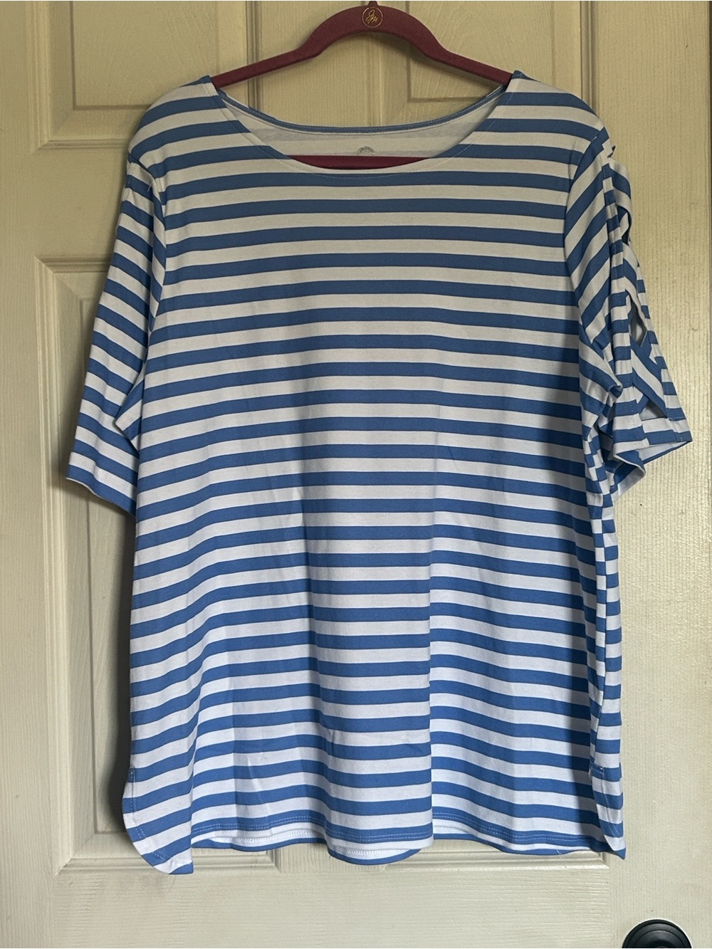 NWT Ruby Rd. Blue/white stripe tshirt lattice open sleeves size 1X